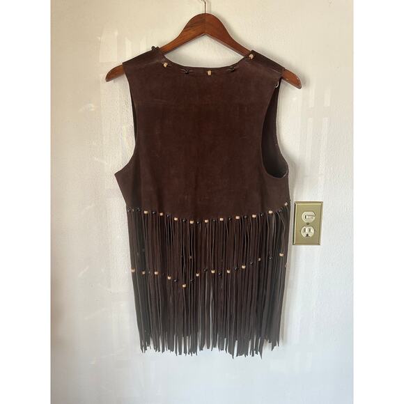 Vintage Leather Beaded Fringe Brown Vest - Picture 4 of 6
